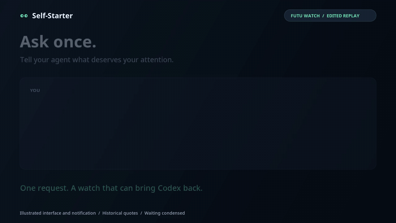 An illustrated Codex and Futu watch: ask once, keep working while a local probe waits, then receive a desktop notification when the AMD investigation is ready.